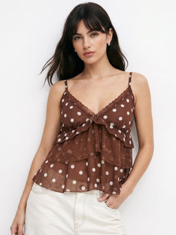 Outzidr - Women Brown Polka Dots Polyester Top