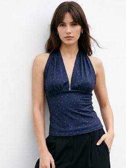 Outzidr - Women Navy Blue Polka Dots Polyester Top