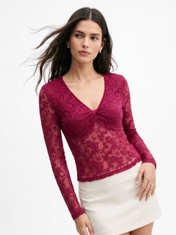 Outzidr - Women Maroon Embroidered Polyester Top