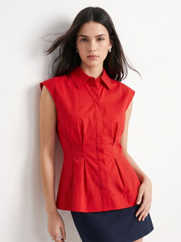 Outzidr - Women Red Solid/Plain Polyester Shirt