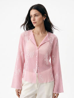 Outzidr - Women Pink Floral Polyester Shirt