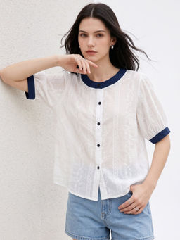 Outzidr - Women White Embroidered Polyester Shirt