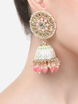 Zaveri Pearls - Pink & Green Meenakari Ethnic Statement Jhumki Earring-ZPFK15178