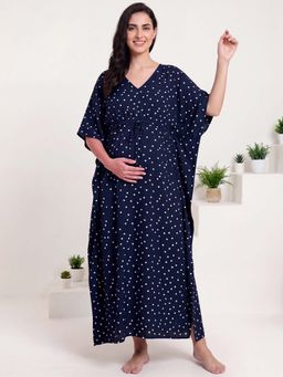 Secret Wish - Navy Blue Polka Dots Rayon Maternity Kaftan