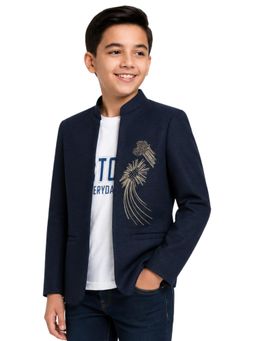 CHARCHIT - Boys Solid Embellished Jodhpuri Blazer with T-Shirt- Navy
