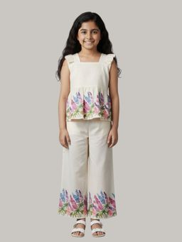KEVORA APPARELS - Girl Off-White Floral Print Peplum Top Co-Ord Set
