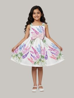 KEVORA APPARELS - Girl White Floral Print Fit and Flare Party Dress with Pink Bow