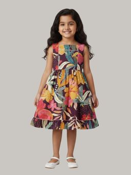 KEVORA APPARELS - Tropical Floral Printed Sleeveless Flare Dress for Girls