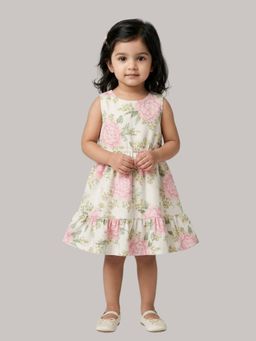 KEVORA APPARELS - Cream Floral Sleeveless Dress with Soft Ruffle Hem Detail