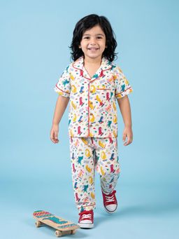 BREATH:ABLES - Cotton Half Sleeves Dino Shirt and Pyjama White