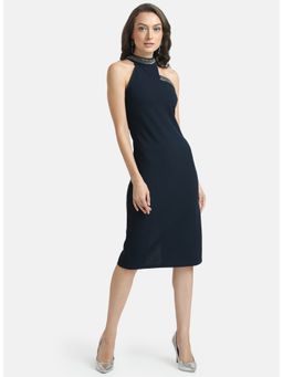 Kazo - Navy Blue Halter Neck Embellished Midi Dress