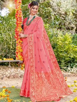 Odette - Womens Pink Cotton Woven Design Saree with Unstitched Blouse