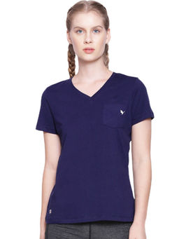 AM SWAN - Womens Cotton Solid V-Neck Half Sleeve T-Shirts Navy Blue