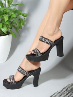 Iconics - Womens Fashionable Printed Black Color Heel Sandals