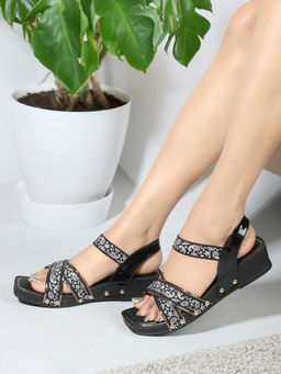 Iconics - Womens Printed Platform Black Color Backstrap Sandals