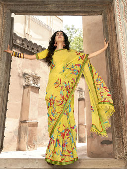 Odette - Yellow Georgette Floral Printed Saree with Unstitched Blouse
