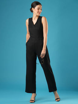 Globus - Women Black V-Neck Stylised Back Wide Leg Workwear Jumpsuit