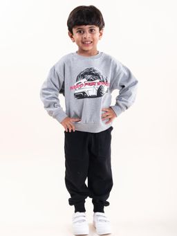 KiddoPanti - Boys Car Printed Round Neck Sweatshirt and Solid Joggers (Set of 2)