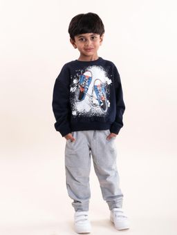 KiddoPanti - Boys Shoes Printed Round Neck Sweatshirt and Solid Joggers (Set of 2)