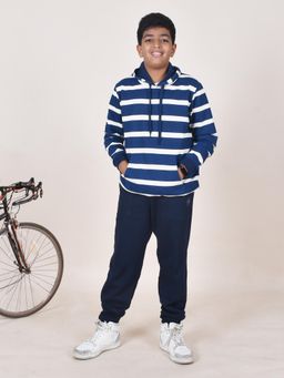 KiddoPanti - Boys Full Sleeve Striped Hooded Sweatshirt and Solid Joggers (Set of 2)