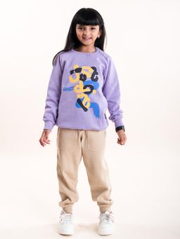 KiddoPanti - Girls Round Neck Sweatshirt with Applique and Solid Joggers (Set of 2)