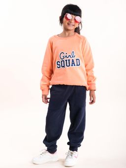 KiddoPanti - Girls Round Neck Sweatshirt with Applique and Solid Joggers (Set of 2)