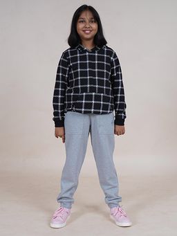 KiddoPanti - Girls Full Sleeves Check Hooded Sweatshirt and Solid Joggers (Set of 2)