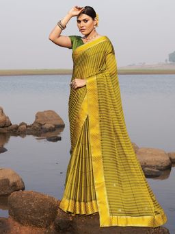 Akhilam - Women Chiffon Mustard Stripes & Embellished Celebrity Saree with Unstitched Blouse