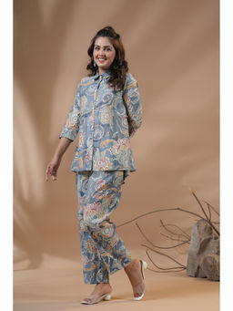 PIROH - Womens Modal Floral Print Shirt Style Co-Ord Blue (Set of 2)