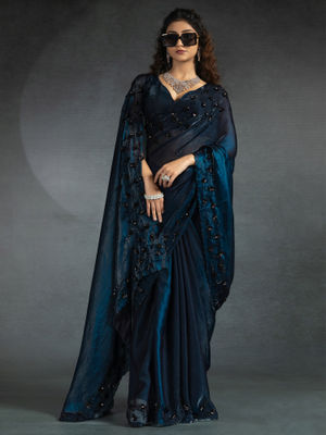 Women's Satin Silk Blue WovenDesign DesignerSaree With Blouse Piece main image 1