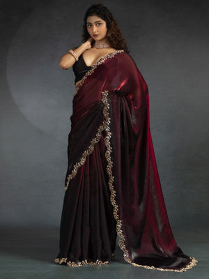 Burgundy Embellished Silk Blend Saree With Unstitched Blouse Piece