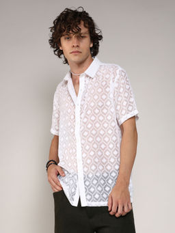 Campus Sutra - Mens Chalk White Self Design Cubic Shirt