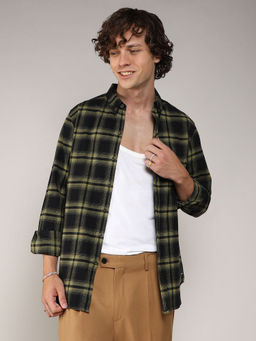 Campus Sutra - Mens Midnight Black & Yellow Brushed Buffalo Checks Shirt