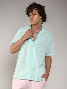 Campus Sutra - Mens Turquoise Embroidered Zig-Zag Shirt