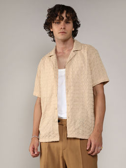 Campus Sutra - Mens Beige Embroidered Flora Shirt