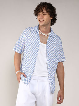 Campus Sutra - Mens Chalk White & Prussian Blue Embroidered Checkered Shirt