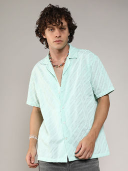 Campus Sutra - Mens Turquoise Embroidered Striped Shirt
