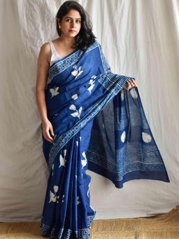 Sundarii - Daffodil - Dabu Cotton Saree with Unstitched Blouse- Blue