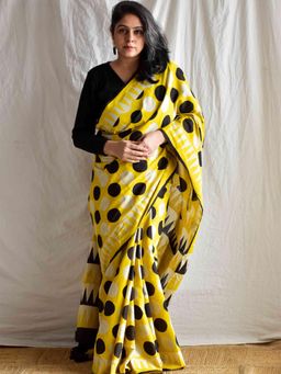 Sundarii - Sun Daze - Dabu Cotton Saree with Unstitched Blouse- Yellow