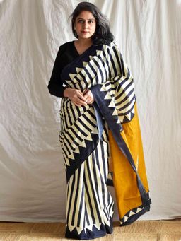 Sundarii - Stripe Magic - Dabu Cotton Saree with Unstitched Blouse- Multi-Color