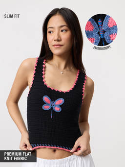 The Souled Store - Black Pure Cotton Embroidered Scoop Neck Sleeveless Crop Top