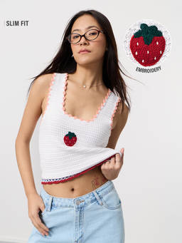 The Souled Store - White Pure Cotton Embroidered Square Neck Sleeveless Top