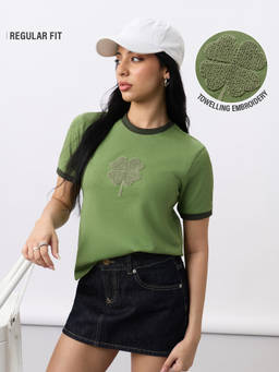 The Souled Store - Clover Embroidered Casual T-Shirt Women Regular T-Shirt