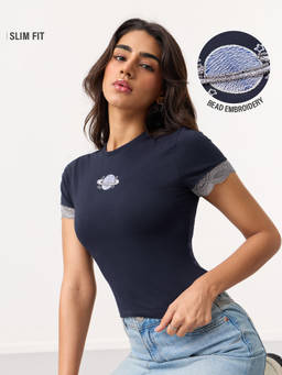 The Souled Store - Cosmic Bead Embroidered Women Fitted T-Shirt