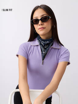 The Souled Store - Fitted Lavender Zipper Women Polo T-Shirt