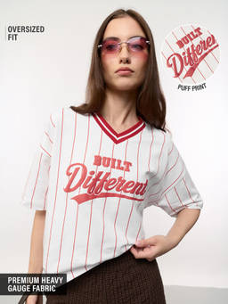 The Souled Store - Built Different Puff Print Striped Women Oversized T-Shirt