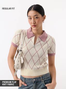 The Souled Store - Cream Acrylic Printed Collar Neck Half Sleeves Top