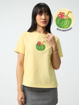 The Souled Store - Coconut Water Bead Embroidered Women Relaxed T-Shirt