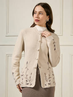 Globus - Beige Beaded And Embroidered Solid/Plain Acrylic Hip Length Wintercoat