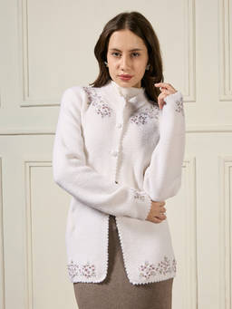 Globus - Off White Bead And Floral Embroidered Acrylic Hip Length Wintercoat